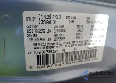 2005 Chrysler Town & Country Touring from USA, damaged, VIN 2C4GP54L85R582809